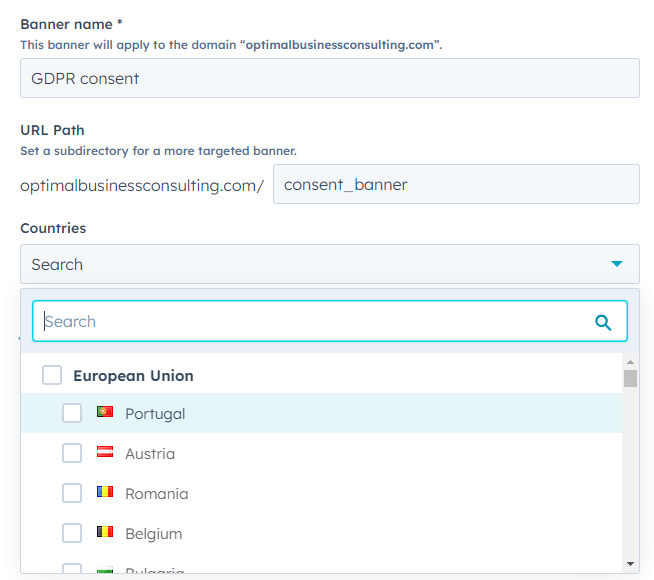 HubSpot country select for consent banner locations