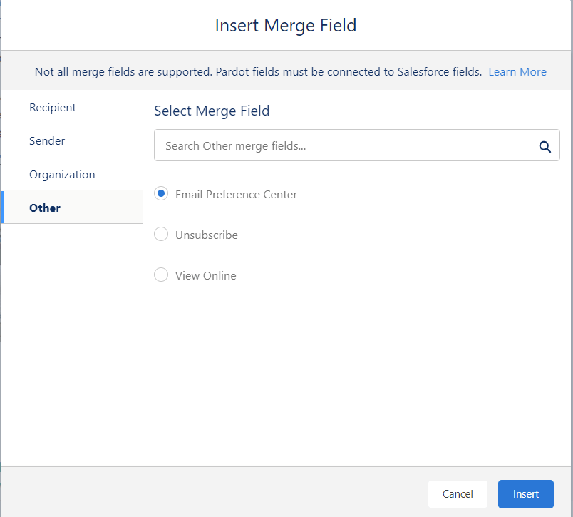 Email preference center merge field