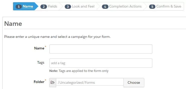 Step one of creating a Pardot form